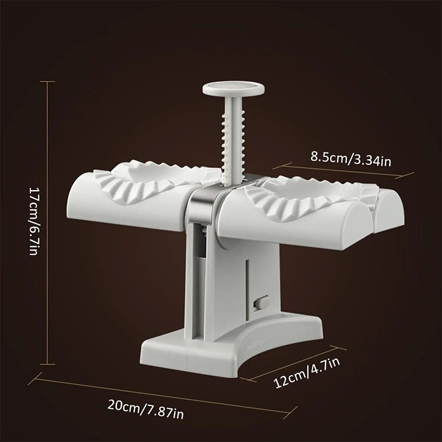 White double-head manual dumpling press with stainless steel mould and plastic handles