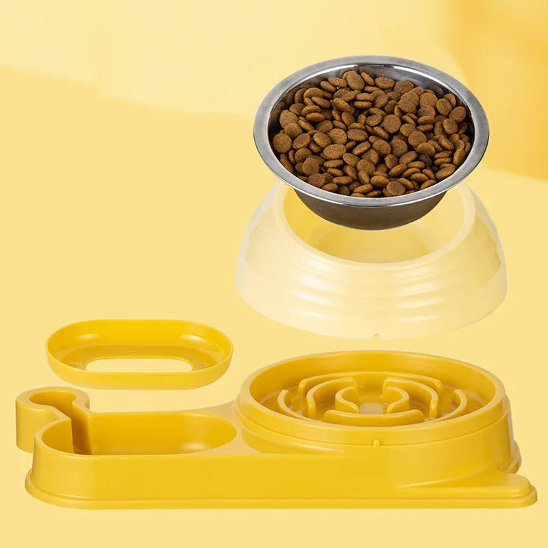 Brown elevated cat food bowl with automatic water dispenser bottle, whisker-friendly design
