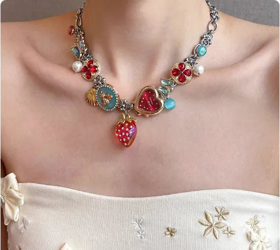 Red titanium steel necklace with strawberry, clock and butterfly charms, 1pc online exclusive accessory