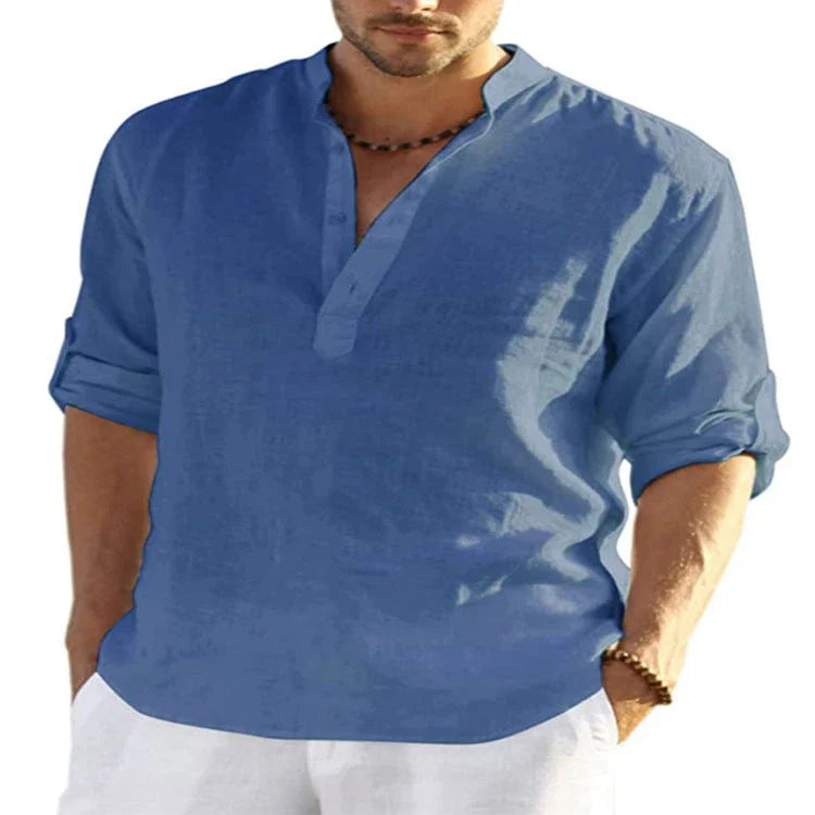 Stylish casual cotton and linen men's shirt with stand collar in various colors