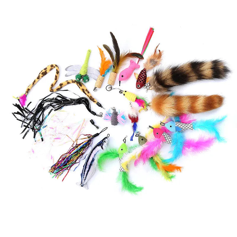 Cat teaser pole set showing two three-section fishing rods with feather attachments