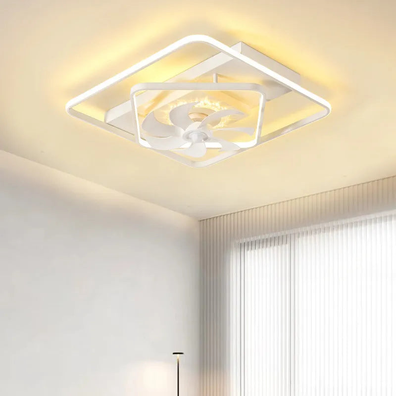 Modern ceiling fan with integrated light fitting, plastic blades, acrylic lampshade, 1100x700mm size.