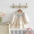 Girls' apricot long sleeve dress with ruffle sleeves, flower embroidery and princess skirt, sizes 80cm to 130cm