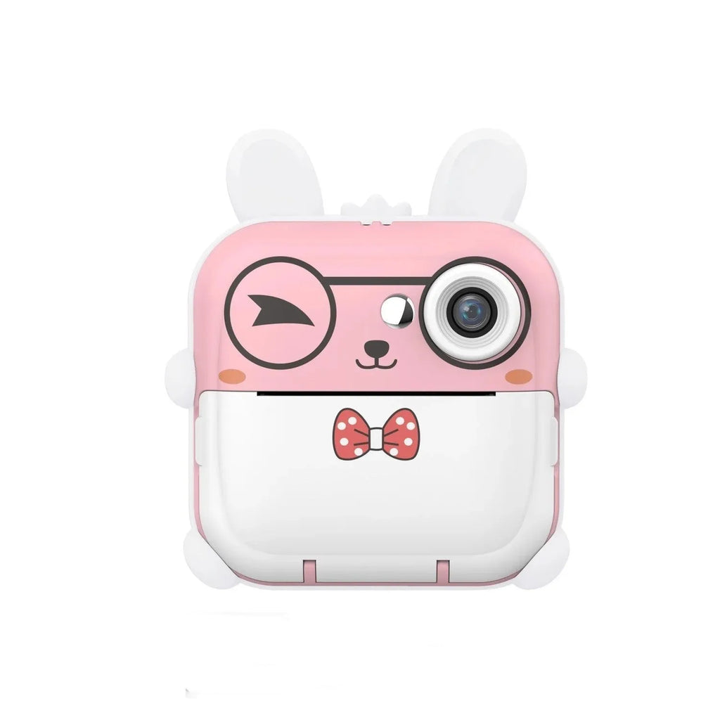 Q5 Polaroid children's digital cartoon camera in pink rabbit design with lanyard on a white background