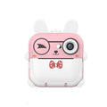 Q5 Polaroid children's digital cartoon camera in pink rabbit design with lanyard on a white background