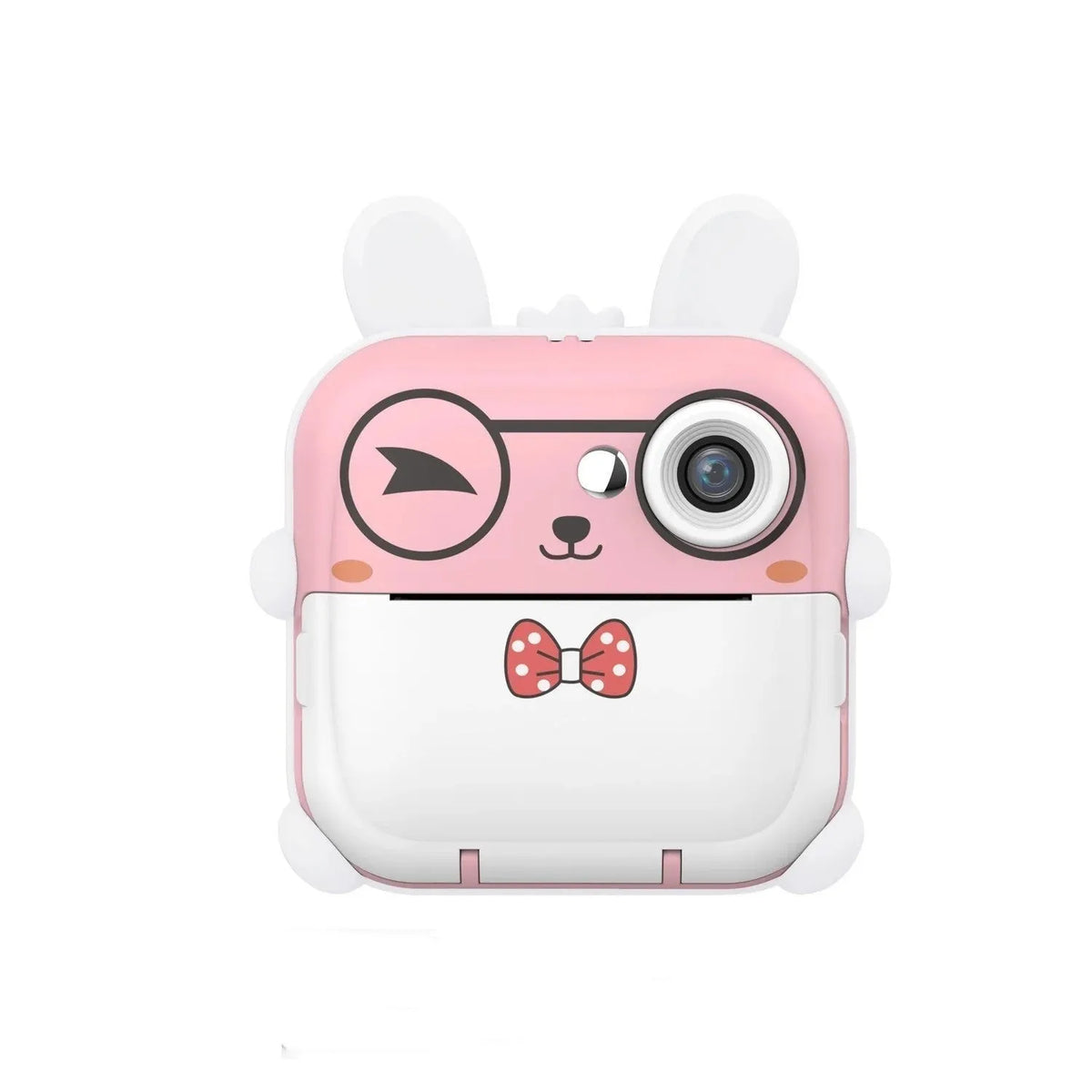 Q5 Polaroid children's digital cartoon camera in pink rabbit design with lanyard on a white background