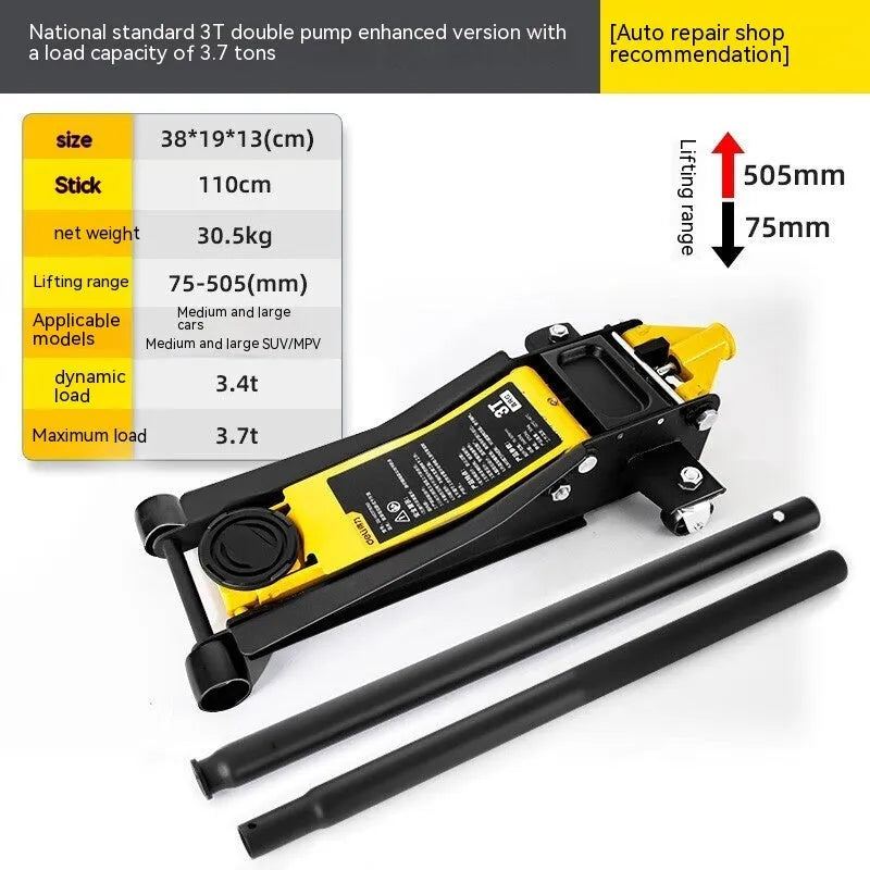 Horizontal hydraulic low car jack with handle for tyre changes on low-clearance vehicles