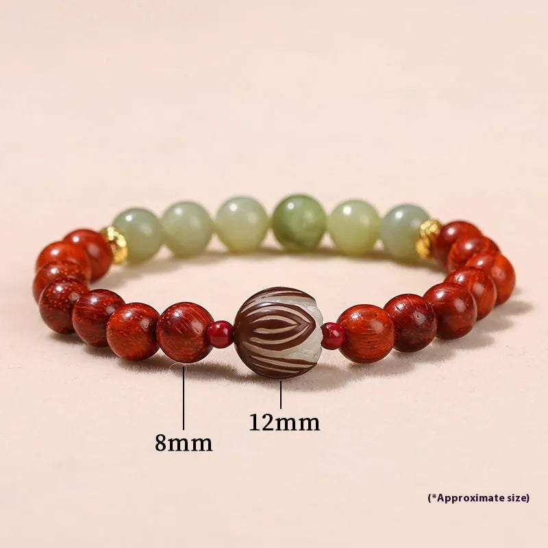 Red rosewood and grey jade Bodhi Lotus bracelet with geometric round beads