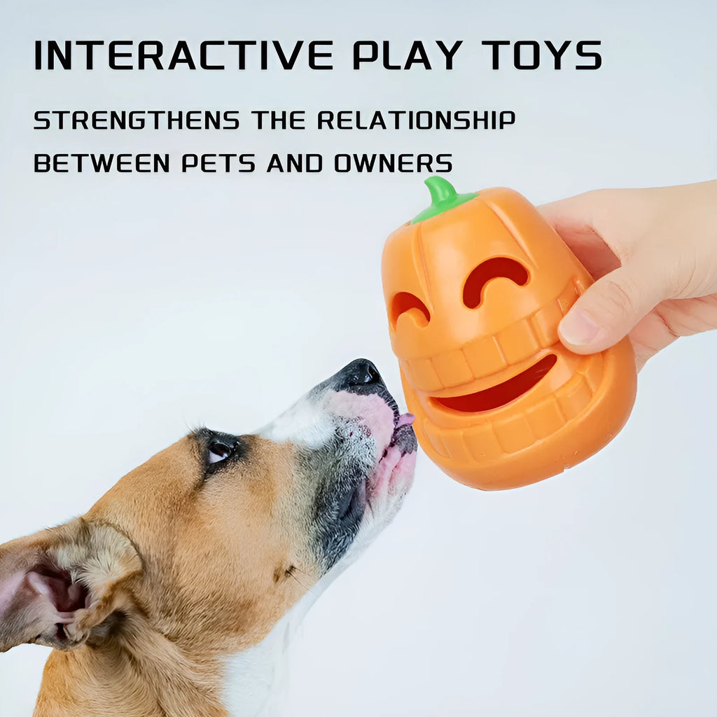 Halloween pumpkin shaped interactive dog chew toy with treat-dispensing funnel