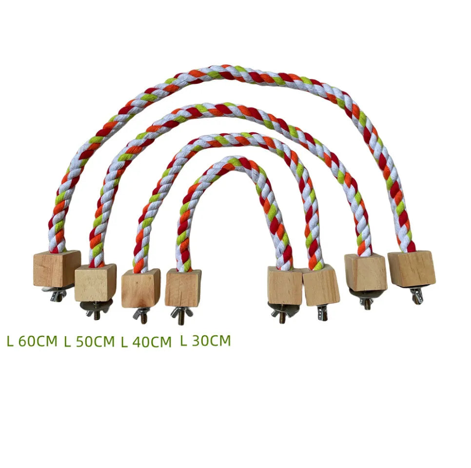 Parrot climbing rope toy with wooden swing rings on natural wood rope, 30-60cm length options