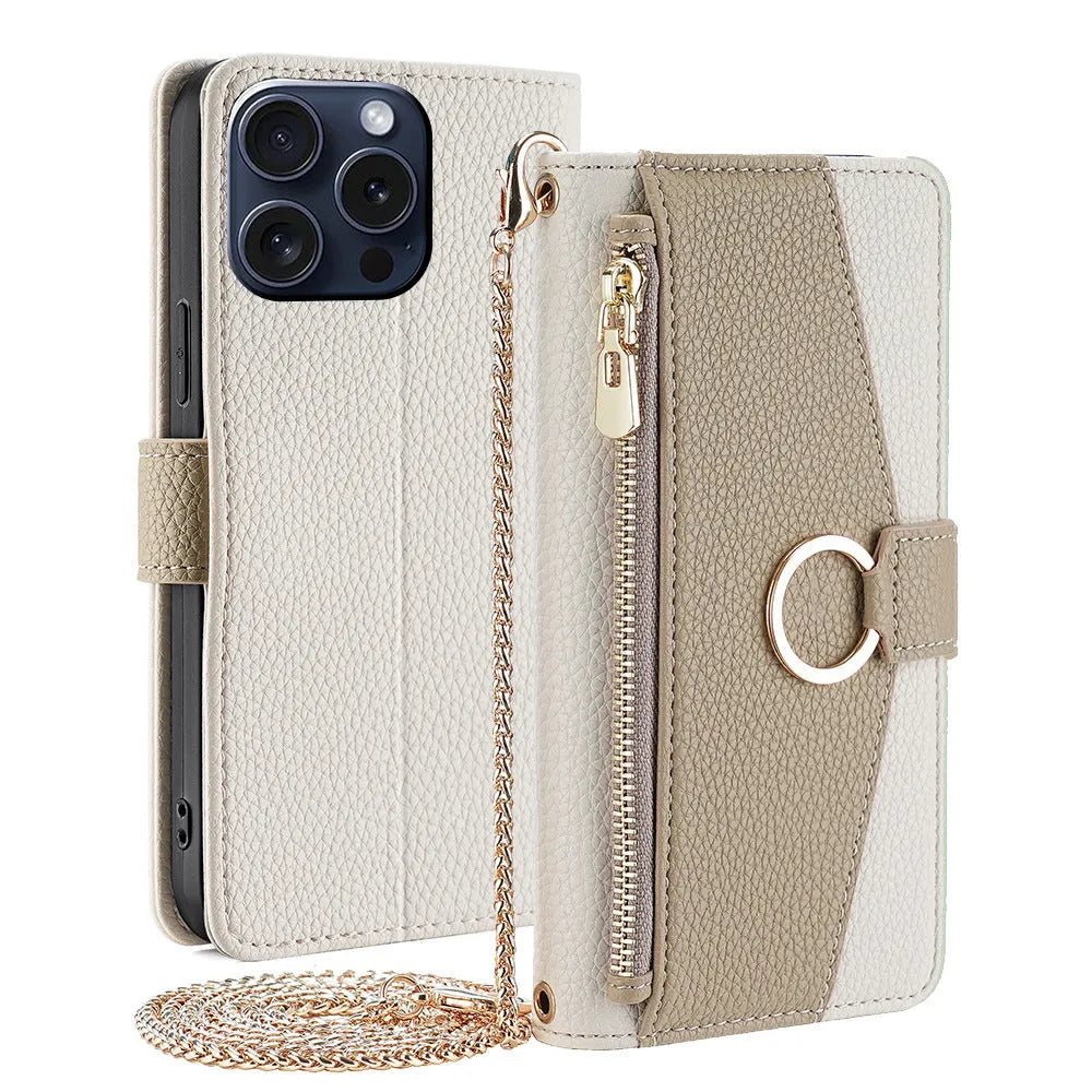 Handmade PU TPU phone shell for Apple iPhone with lanyard bracket and card slot, gray colour