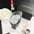 Women's silver rose gold fashion watch with mesh strap and pointer display.