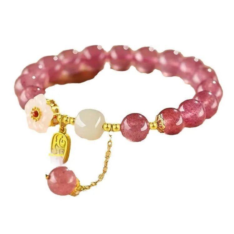 Handmade strawberry quartz crystal bracelet with Hetian jade peach blossom decoration and various charm styles