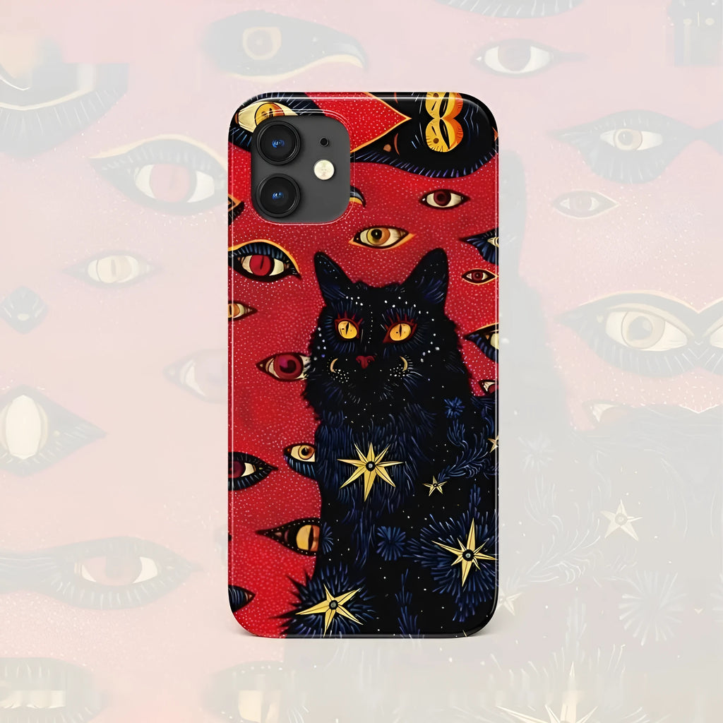 Retro cat eye design hard shell phone case for iPhone, shown in glossy and frosted finish options.