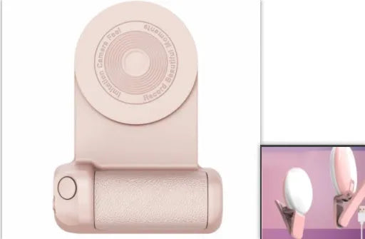 Black magnetic phone camera holder with rotatable grip on wooden table demonstrating phone attachment
