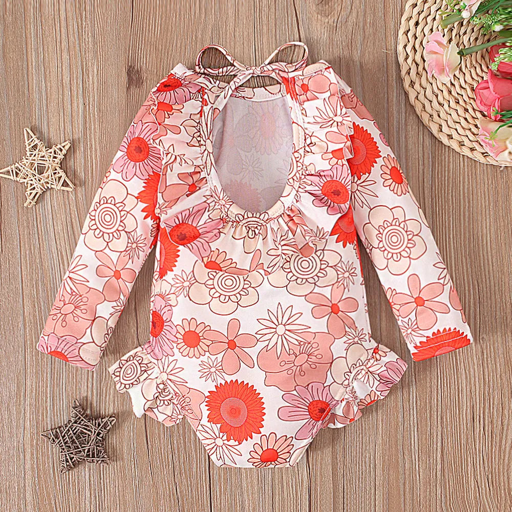 Girl's floral print open back swimsuit in orange red with crew neckline and Asian-fit sizing