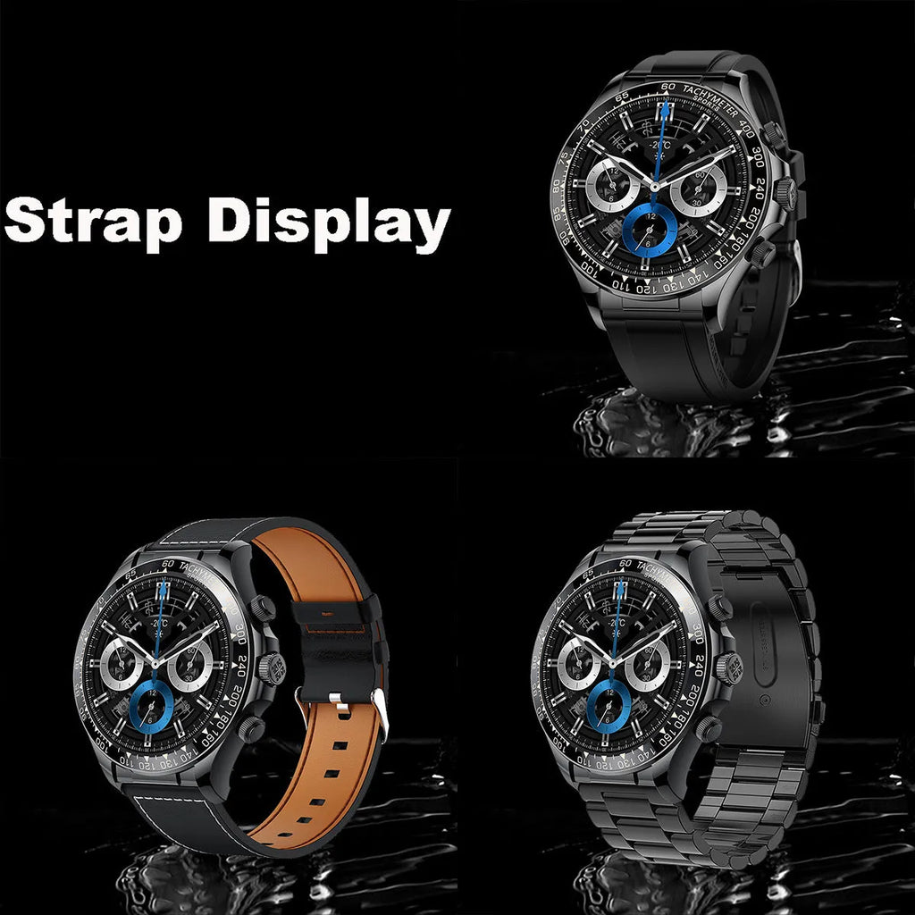 Round screen EX108 smart watch with Bluetooth calling, IPS display and three silicone watchbands in black, silver or rose gold.
