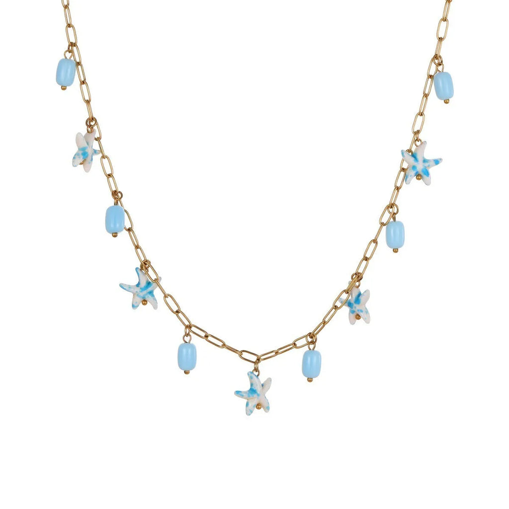 Stainless steel starfish necklace and bracelet set with electroplated 18K finish in blue, green, or pink
