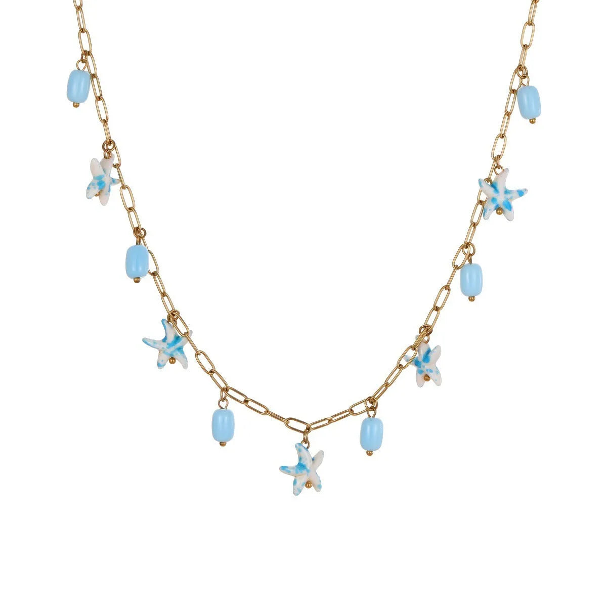 Stainless steel starfish necklace and bracelet set with electroplated 18K finish in blue, green, or pink