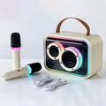 Light yellow and black portable Bluetooth karaoke speaker with RGB lights and microphone.