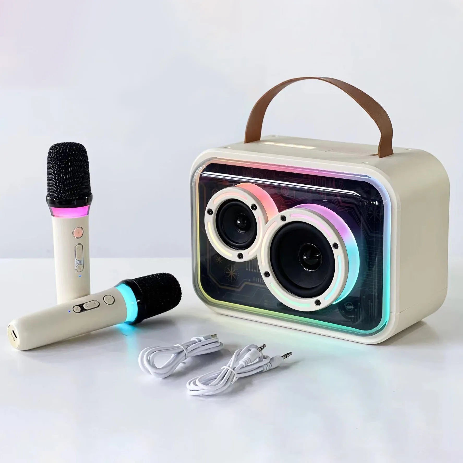 Light yellow and black portable Bluetooth karaoke speaker with RGB lights and microphone.