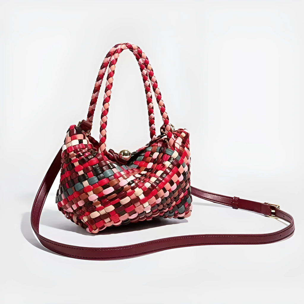 Women's colourful woven PU leather shoulder bag showing handmade texture