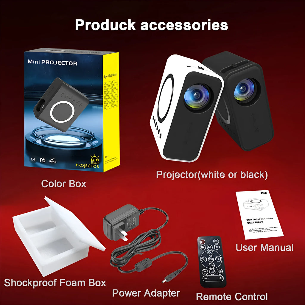 YT300 portable mini projector in black or white with compact design showing connectivity ports and remote control