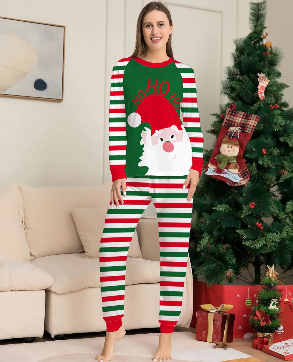 Red stripe family Christmas pajamas matching set with long sleeves on a white background