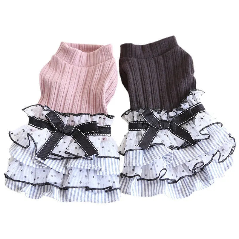 Polka dot lace princess dress for small pets with tulle skirt in purple, black, or coffee colours
