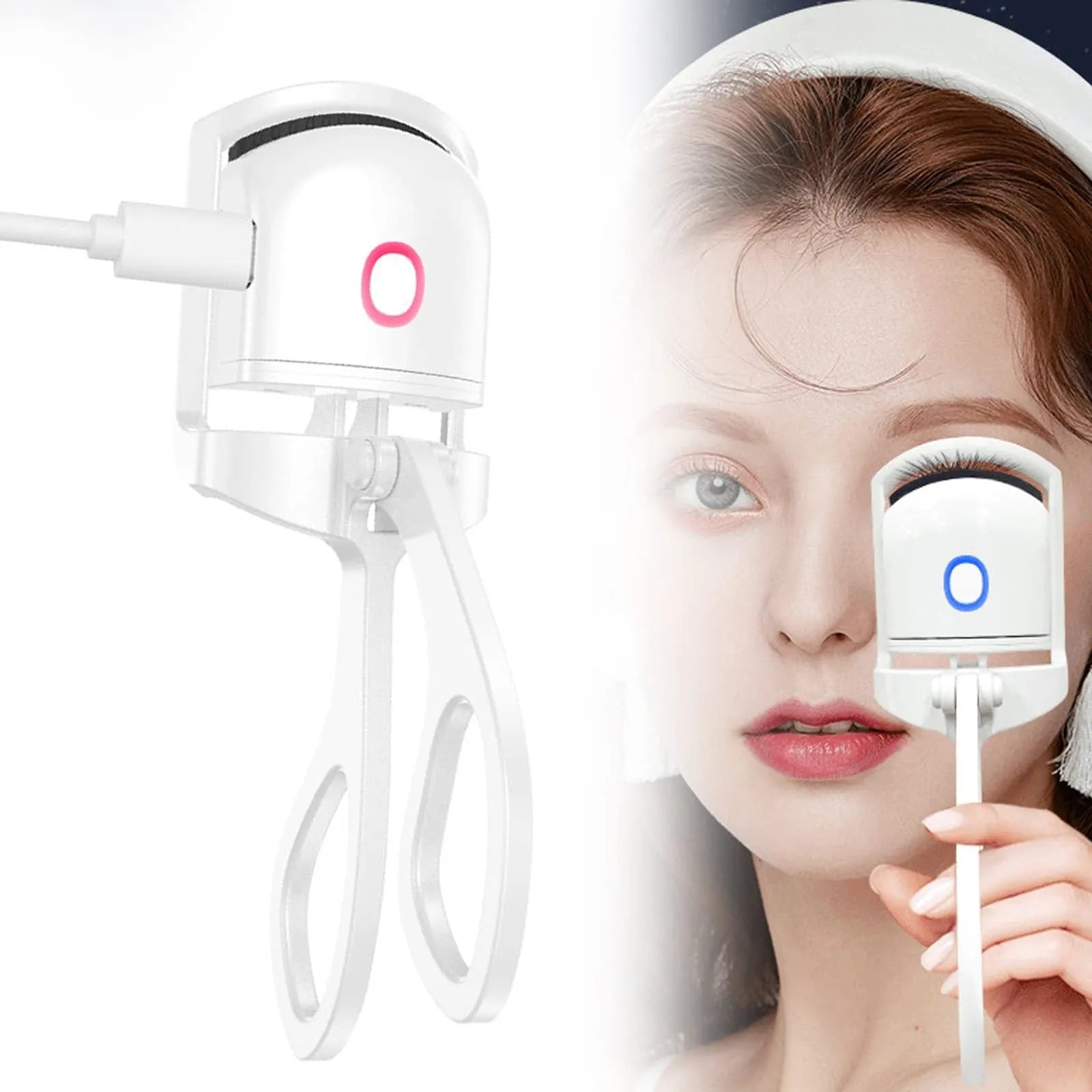 White USB heated eyelash curler with dual temperature buttons and safety insulating slots.