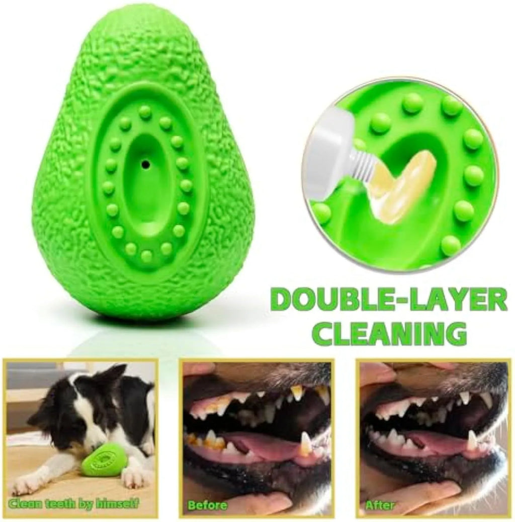 Green avocado-shaped natural rubber dog chew toy for aggressive chewers and dental cleaning.
