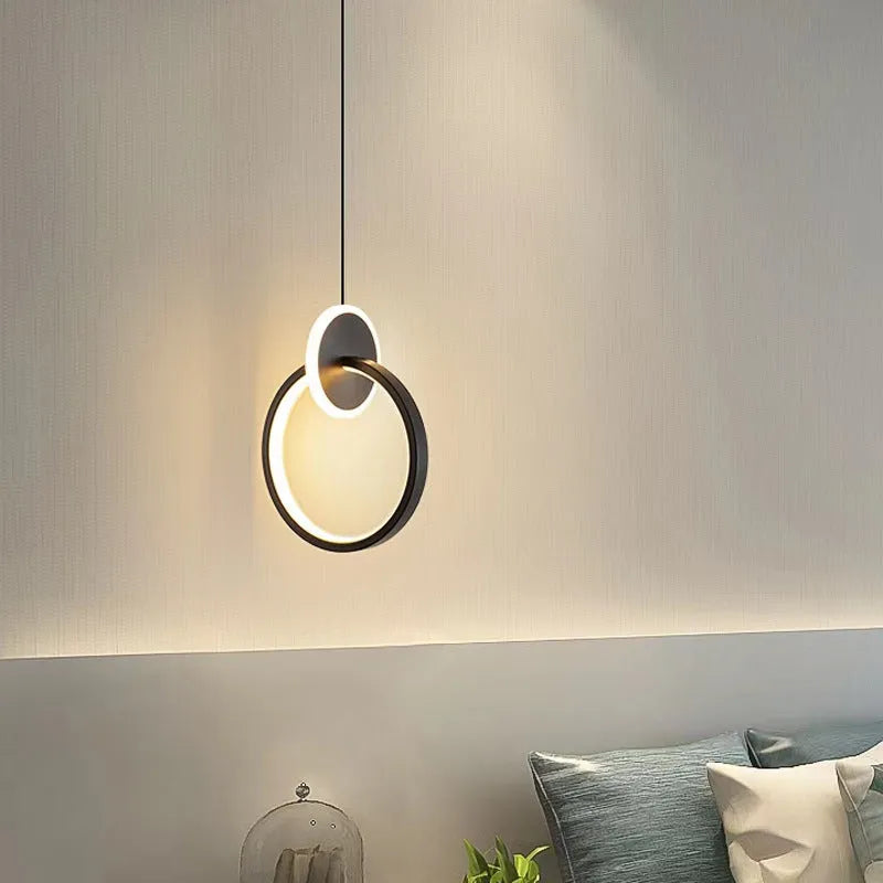 Nordic double ring pendant lamp in black with adjustable height for bedroom lighting
