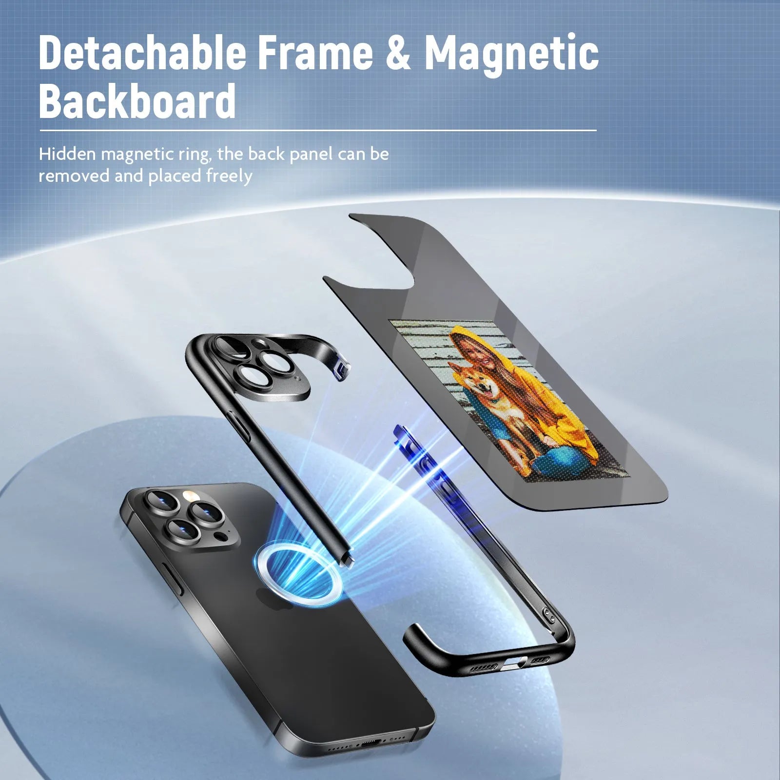 Black iPhone 15 Pro flip case with NFC ink screen for custom DIY designs