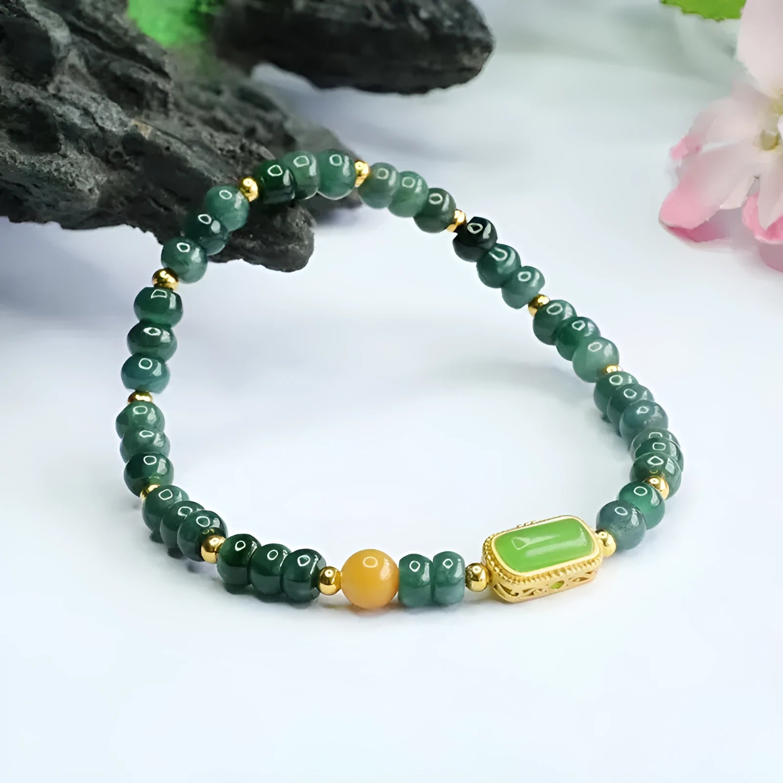 Natural stone blue water jade and jasper bracelet with topaz accents and electroplated metal components