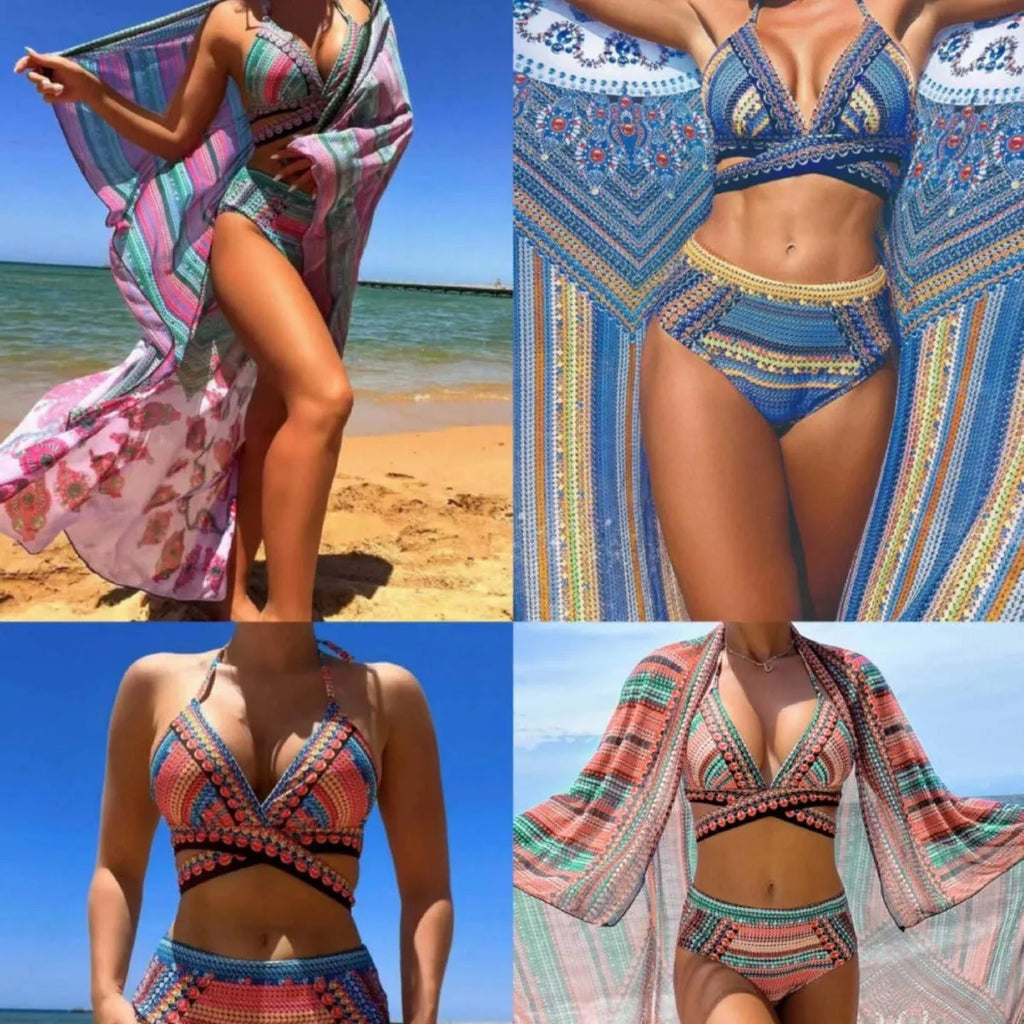 Women's blue cross bandage swimsuit three-piece set with high waist briefs showing veil split detail