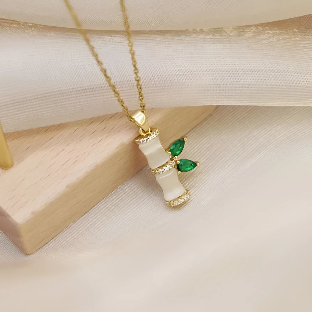Green bamboo pendant necklace for women with O-ring chain and electroplated zinc alloy finish