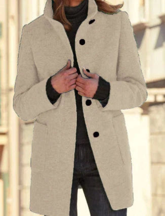 Fashionable wool coat with stand collar, pockets, and a variety of color options for casual fall and winter wear