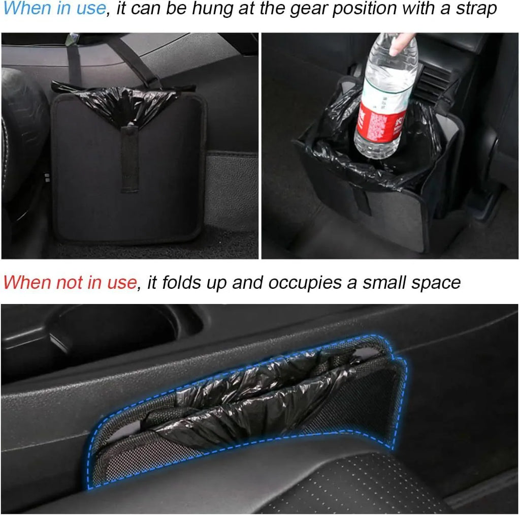 Black Oxford cloth car folding trash can with hanging strap and 8.7 litre capacity
