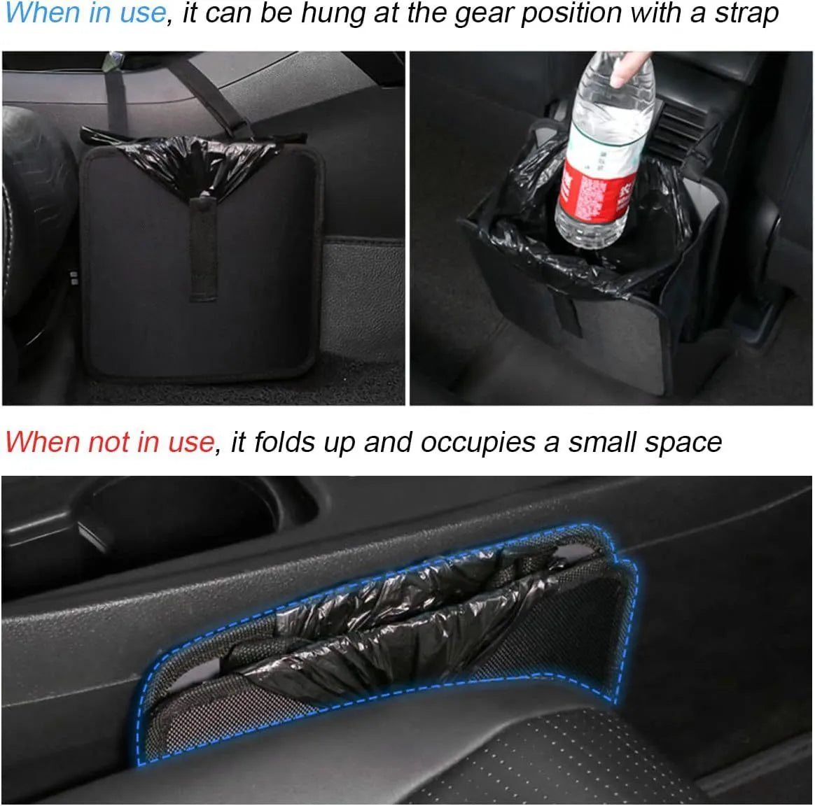 Black Oxford cloth car folding trash can with hanging strap and 8.7 litre capacity