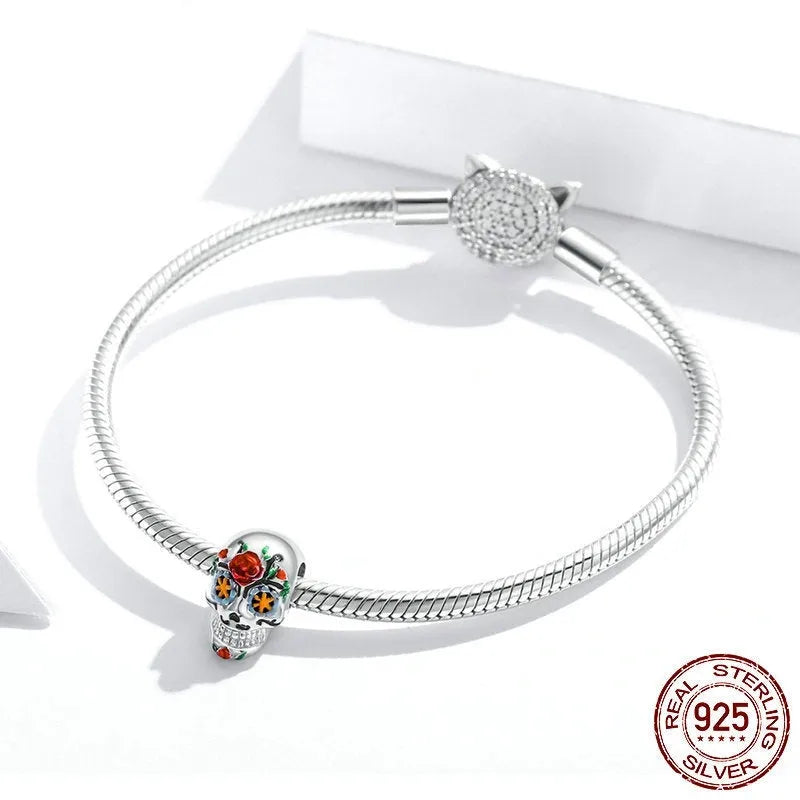 S925 silver Halloween skull bead with platinum plating and oil drip finish, 1.3x0.8cm, silver only