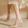 Women's apricot high-heeled sandals with single strap and buckle-toe closure
