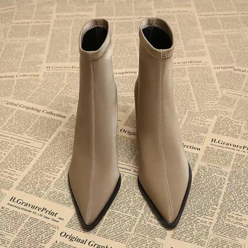 Women's khaki stretch suede pointed Martin boots with wedge heel on rubber sole