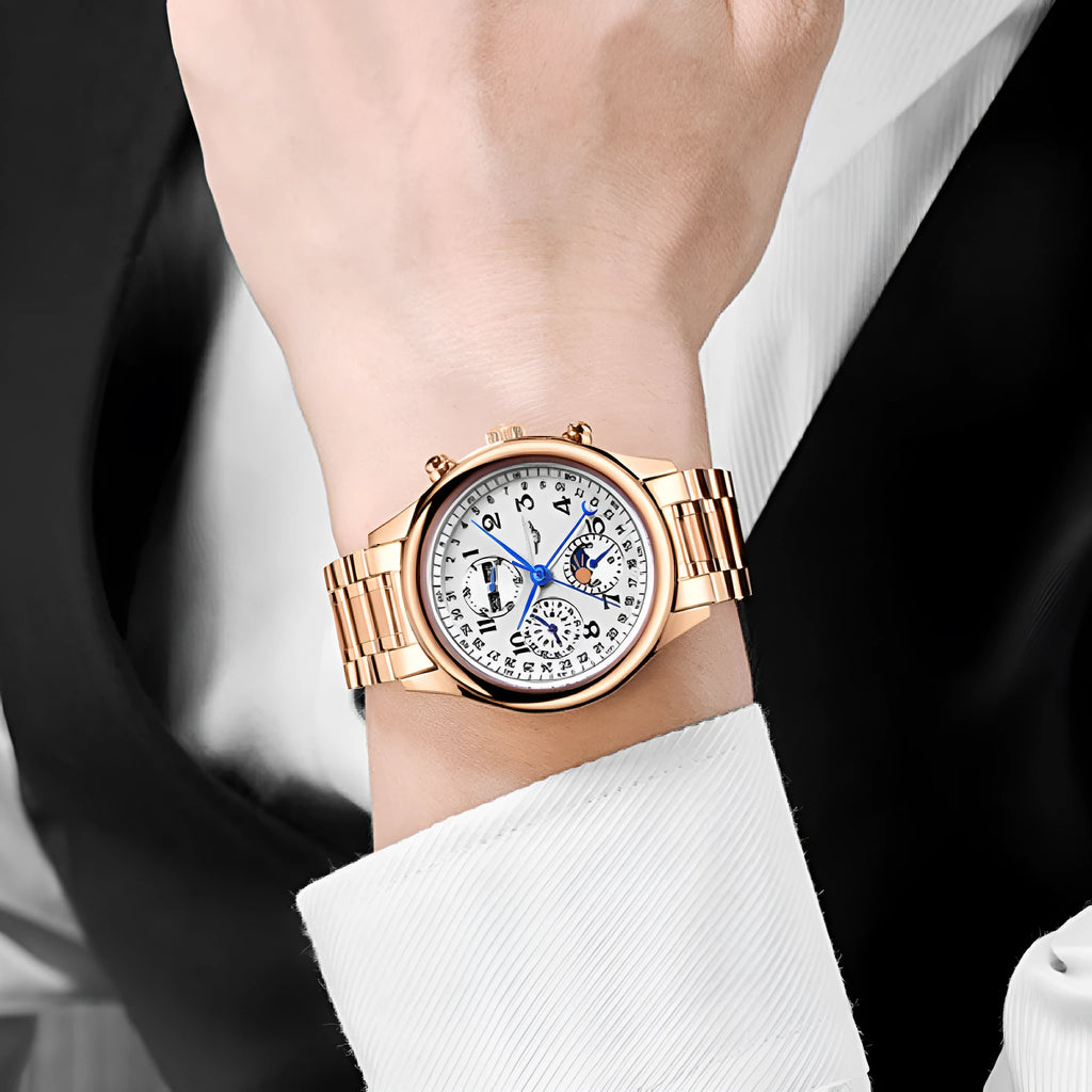 Men's mechanical wristwatch with perpetual calendar and moon phase display on a leather strap.