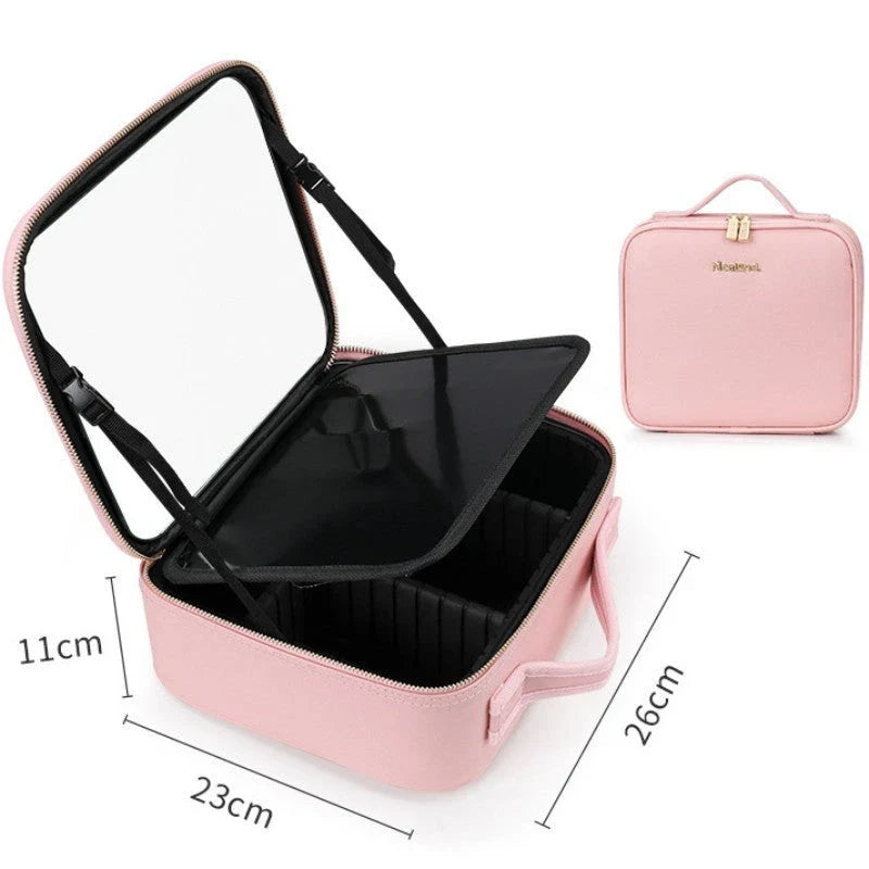 Luxury lighted vanity case with large storage compartment, adjustable professional lighting, and high-definition mirror for flawless on-the-go makeup application