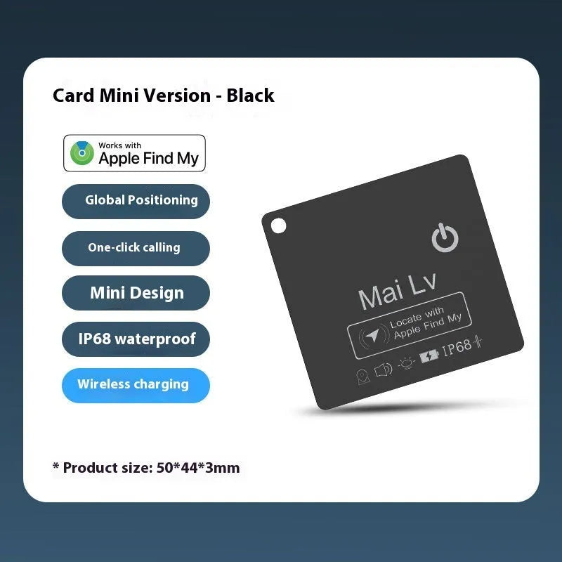 MFI FindMy compatible black card-type Bluetooth tracker with keychain loop.