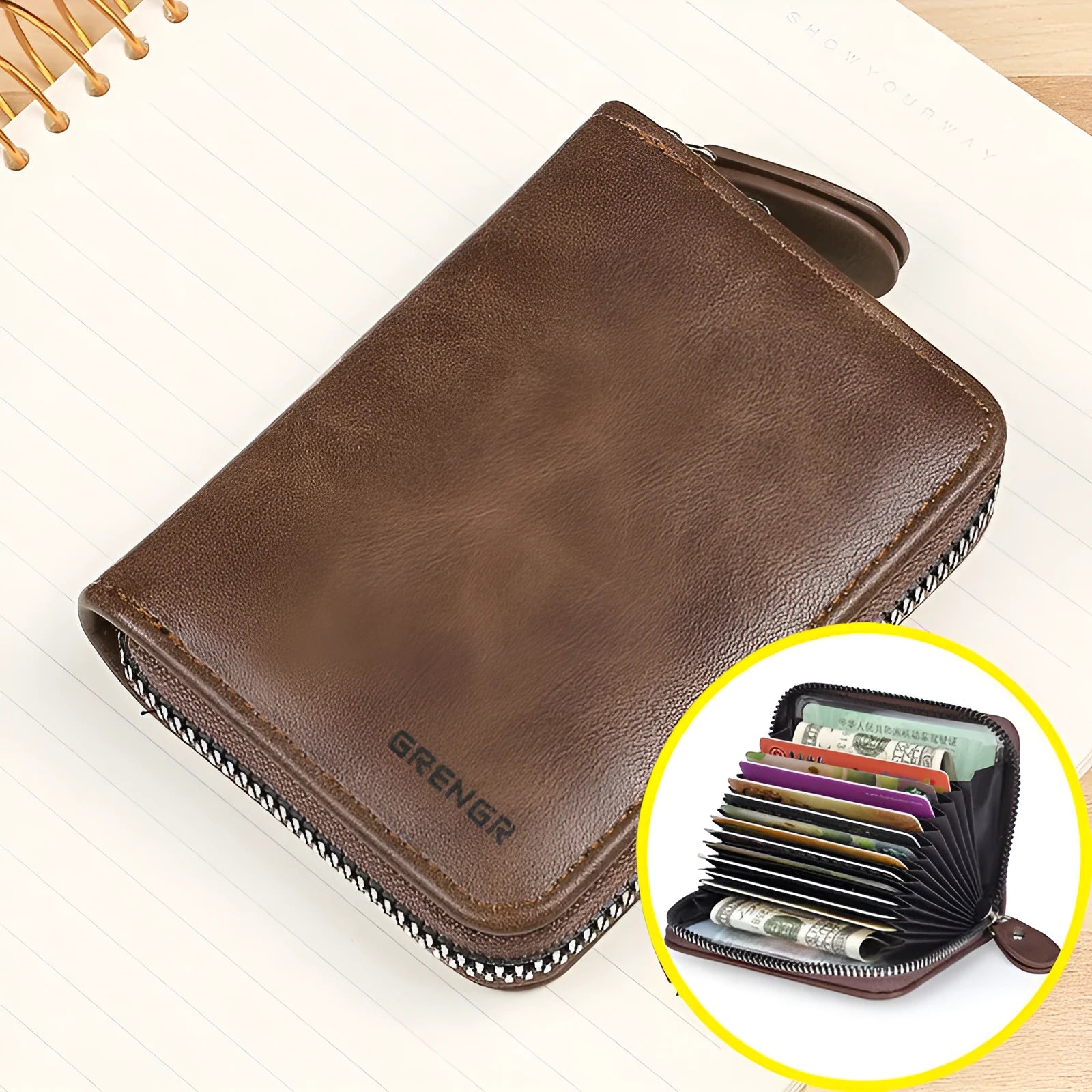 Dark brown women's leather card holder with anti-degaussing protection and capacity for 9 cards