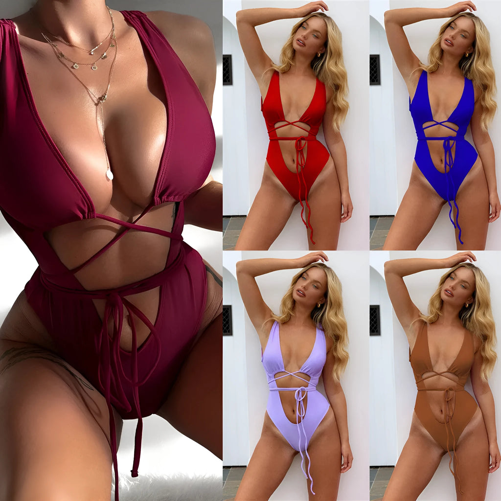 Women's brown hollow-out strap one-piece swimsuit showing sleeveless design and strap detailing