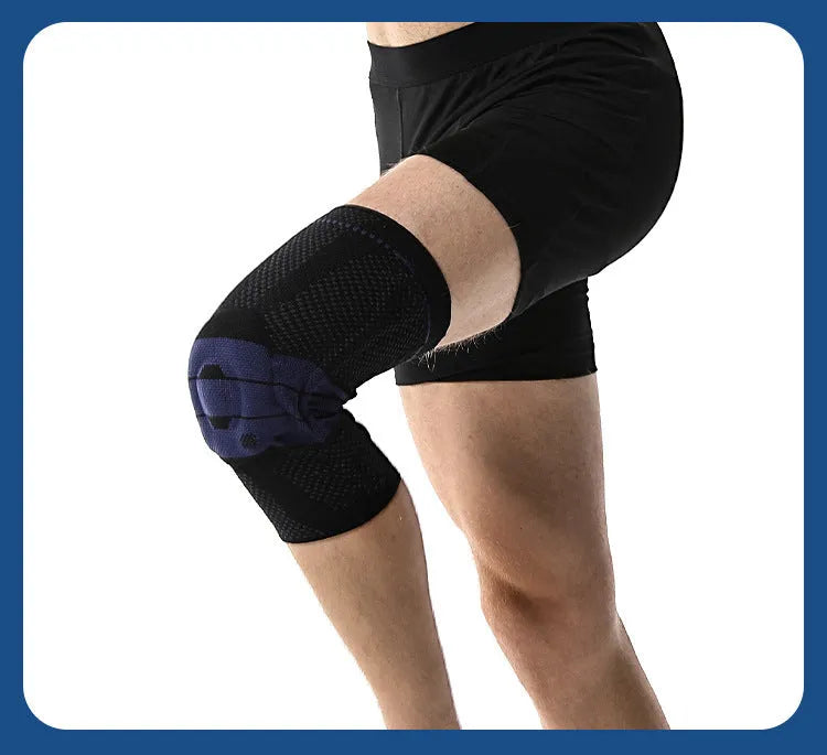 Adult sports knee pad in black and blue colour, made from nylon and spandex, shown on a knee.