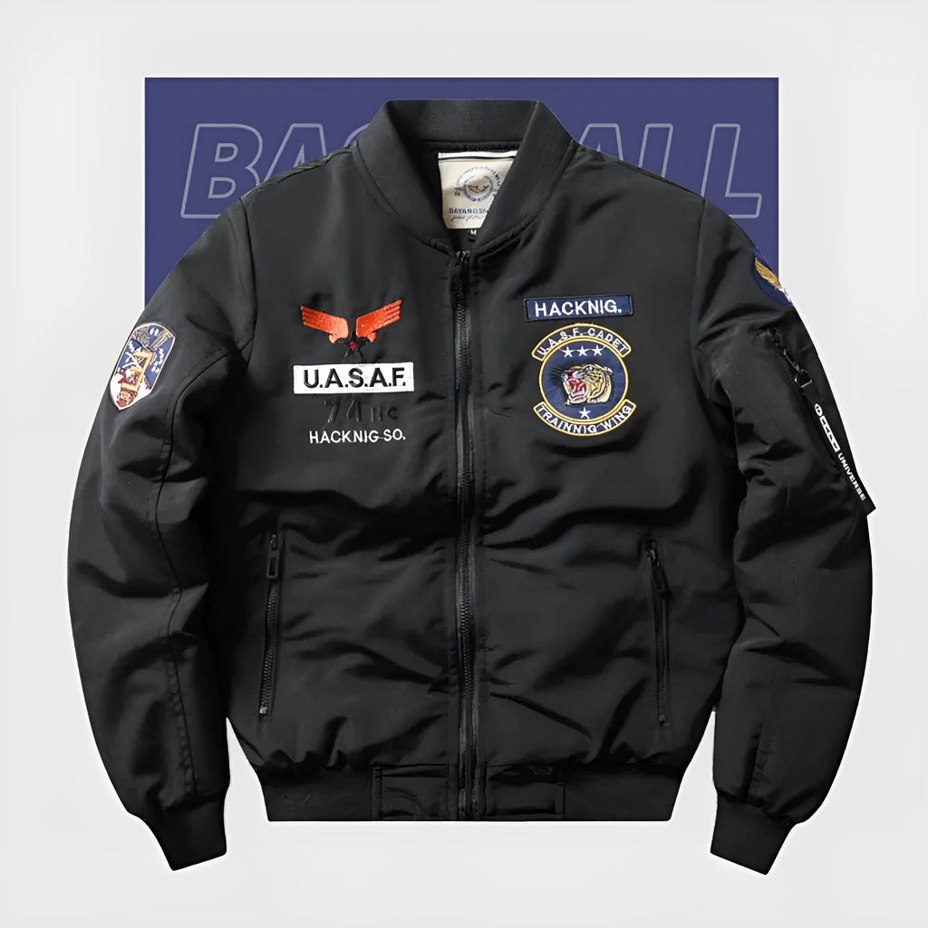 Men's slim-fit black retro motorcycle coat with stand collar and patch pockets on a mannequin.