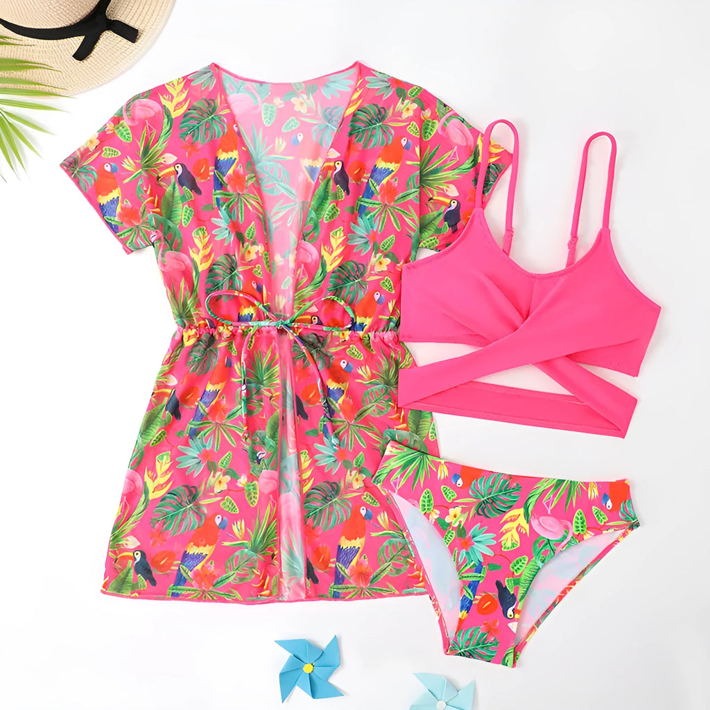 Girls floral split overlay bikini swimsuit in bright picture colour pattern for swimming activities